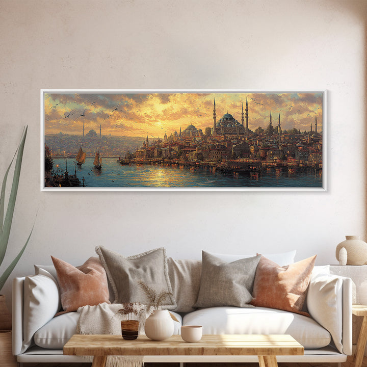 Sunset Over Istanbul Panorama With Historic Sultan Mosque And Boats In Golden Light Wall Art Modern Home Decor