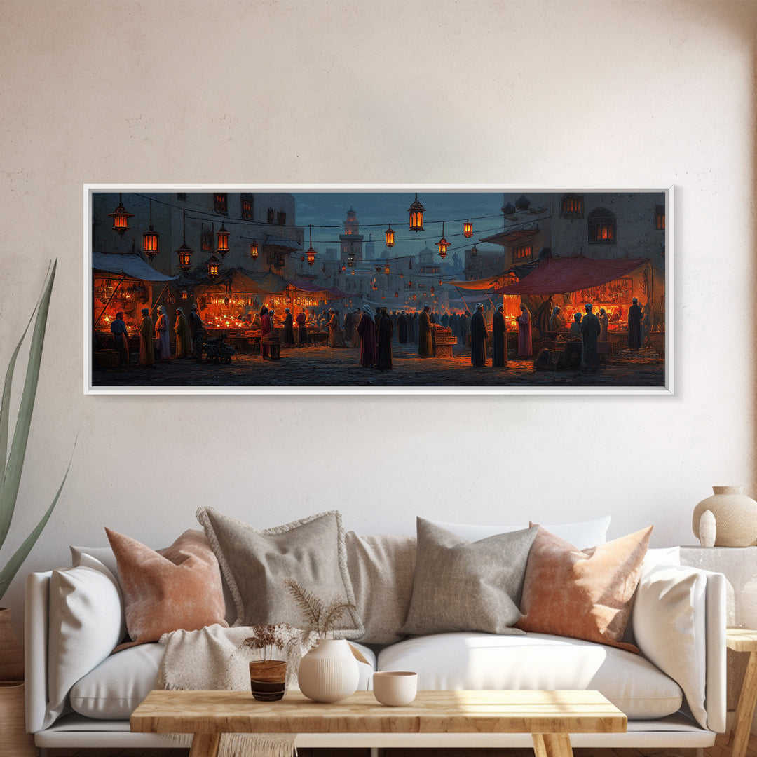 Warm and Lively Market Scene in Middle Eastern Style Oil Painting with Lanterns and Crowds Canvas Print