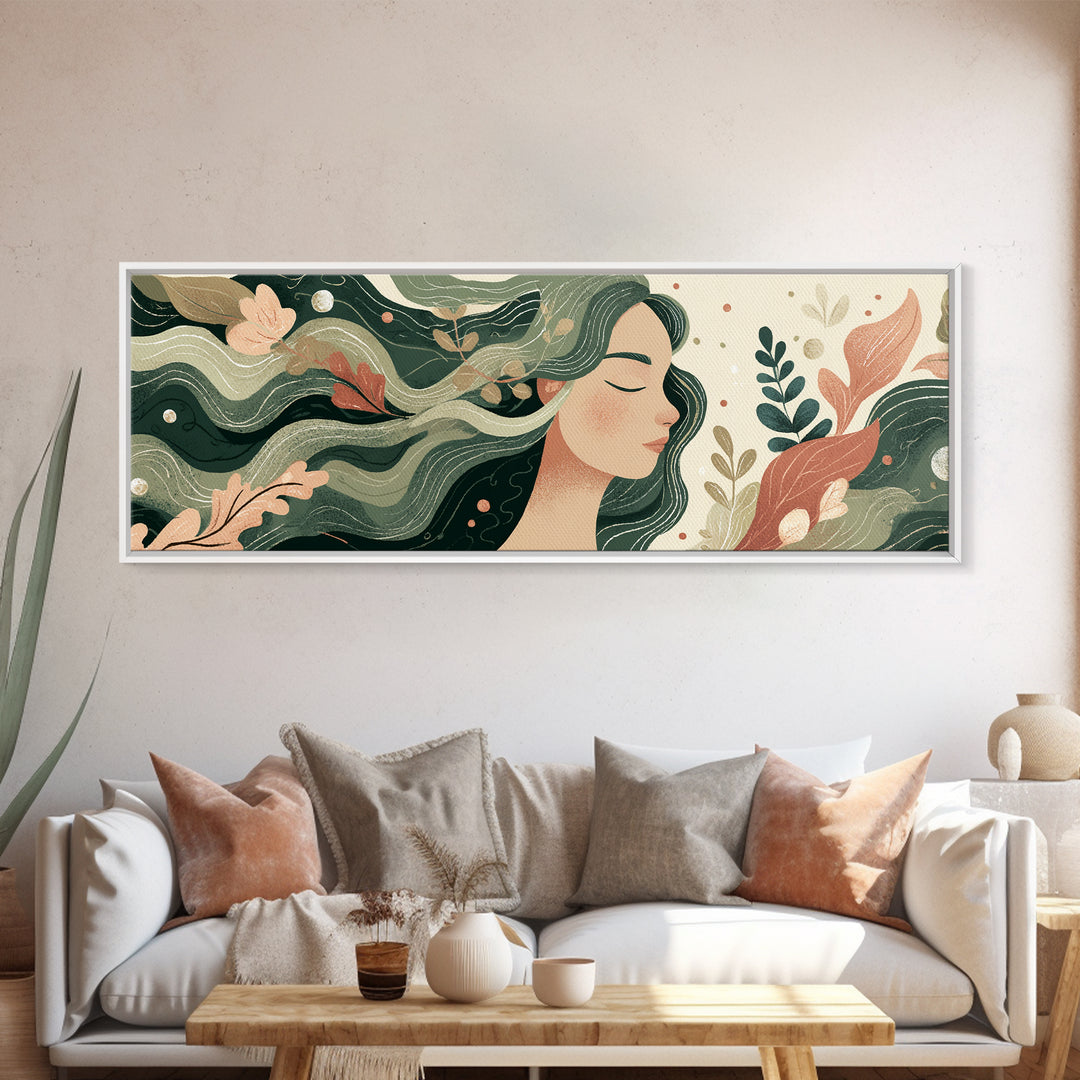 Flowing Green Haired Woman Botanical Wall Art, Feminine Boho Canvas Print, Earth Tone Decor For Bedroom And Living Room Art