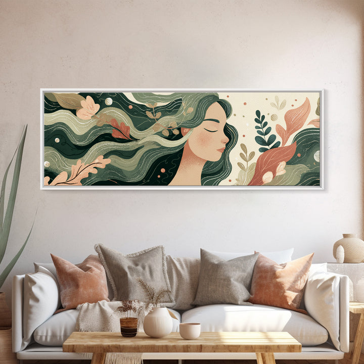 Flowing Green Haired Woman Botanical Wall Art, Feminine Boho Canvas Print, Earth Tone Decor For Bedroom And Living Room Art