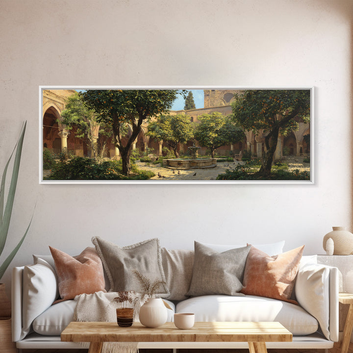 Sunny Courtyard With Orange Trees And Fountain, Classic European Garden Oil Painting Wall Art Print, Large Framed Canvas Print For Home