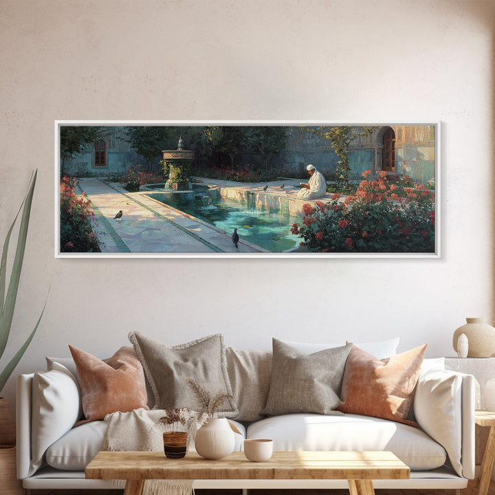 Serene Courtyard With Reflective Water And A Man Reading In Peaceful Garden Scene Wall Art