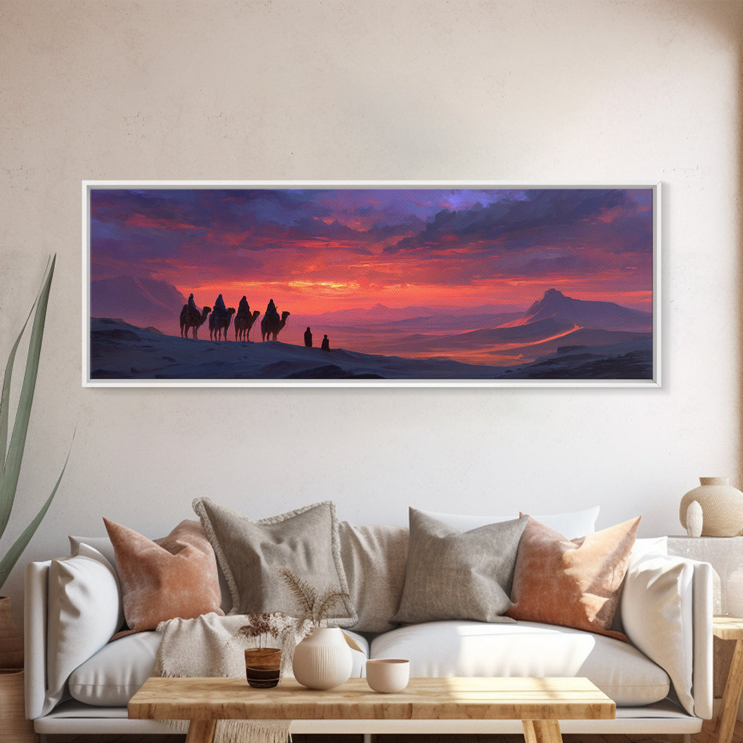 Dramatic Desert Caravan With Camels Traveling At Sunset Landscape Wall Art For Living Room Cozy Home Decor Framed Canvas Print