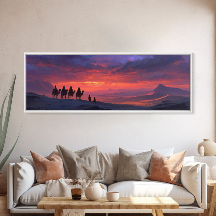 Dramatic Desert Caravan With Camels Traveling At Sunset Landscape Wall Art For Living Room Cozy Home Decor Framed Canvas Print