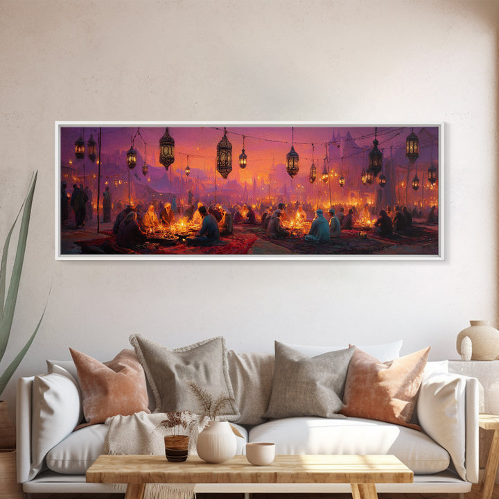 Vibrant Middle Eastern Night Festival With Lanterns And People Enjoying Colorful Celebration Framed Canvas Print
