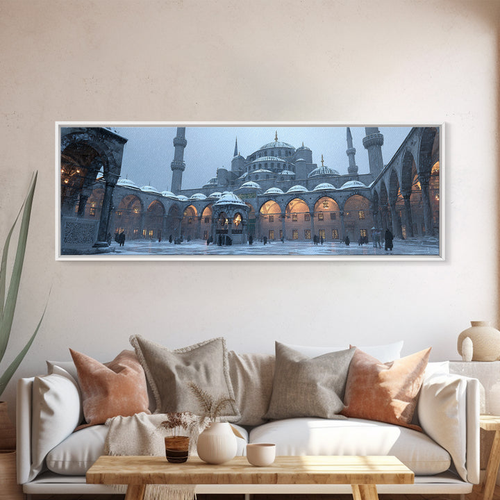 Historic Mosque Courtyard In Snowfall Cityscape Digital Painting Modern Wall Art Canvas Print For Home Decor