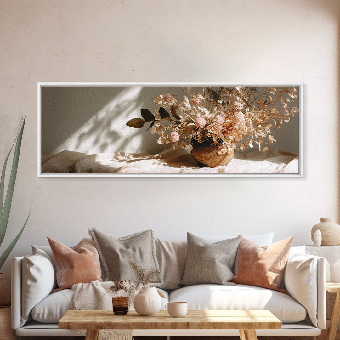 Warm Dried Flower Bowl Still Life Canvas Print, Neutral Botanical Wall Art, Boho Shelf Decor, Earth Tone Home Decor, Gift For Her