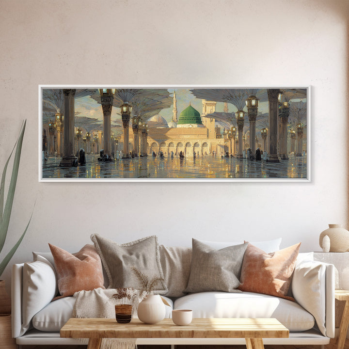 Ornate Mosque Interior With Illuminated Columns And Green Dome Wall Art Canvas Print Featuring Traditional Islamic Architecture And Spiritual Ambiance