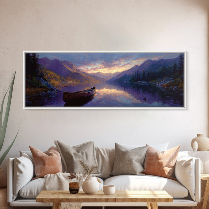 Serene Mountain Lake Landscape With Canoe Oil Painting Framed Canvas Print Large Wall Art For Living Room Decor