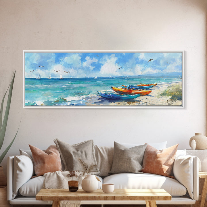 Vibrant Colorful Kayaks On Serene Beach Ocean Scene Beach Wall Art Watercolor Canvas Print
