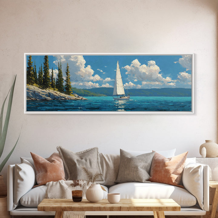 Sailboat At Sea Blue Water Maritime Painting Canvas Print Wall Art For Coastal Home Decor And Nautical Wall Decoration