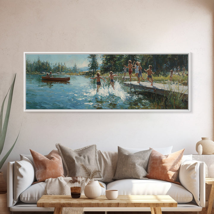 Oil Painting Of Children Playing Near Dock By Lake At Sunset Colorful Nature Wall Art Canvas Print