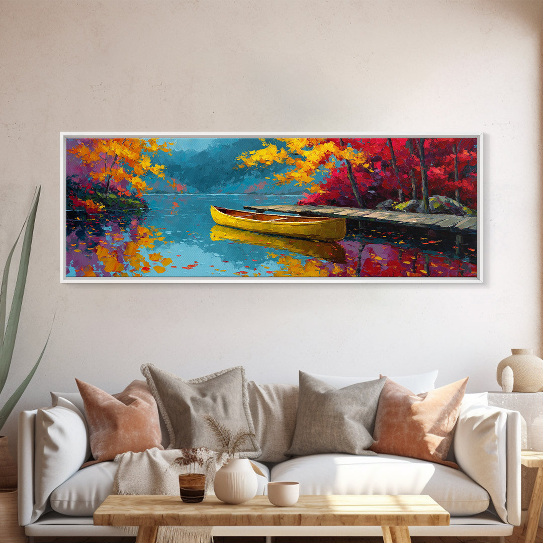 Serene Misty Forest Lake With Canoe Landscape Wall Art Framed Canvas Print For Nature Lover Home Decor