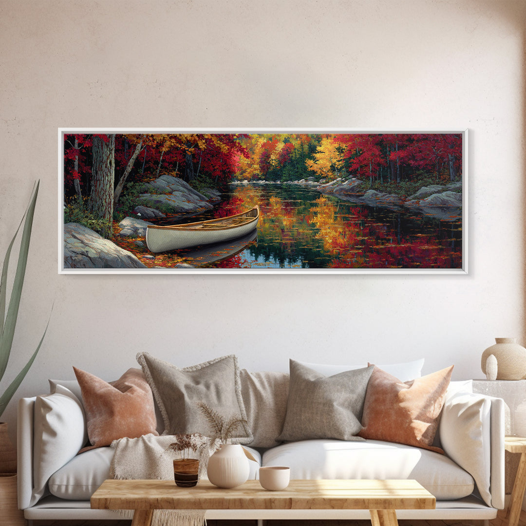 Peaceful Autumn River Scene With Canoe In Fall Colors Landscape Painting Framed Canvas Print Tranquil Nature Wall Art Gift