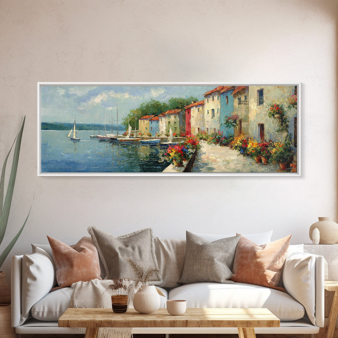 Classic Mediterranean Coastal Village With Colorful Buildings And Boats Oil Painting Canvas Print For Rustic Wall Art