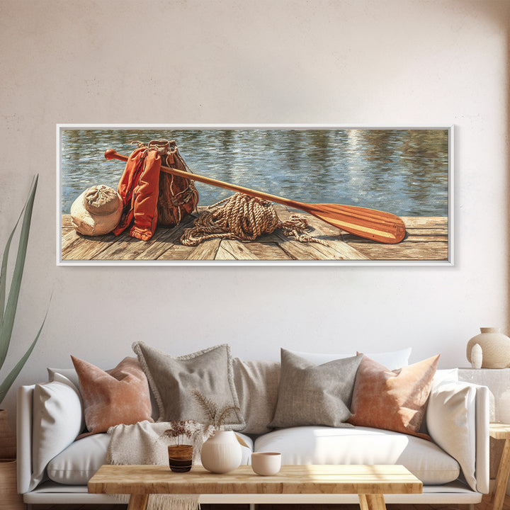 Peaceful Canoe Scene Painting With Person Rowing On Golden Water Reflecting Sunset Natural Wall Art