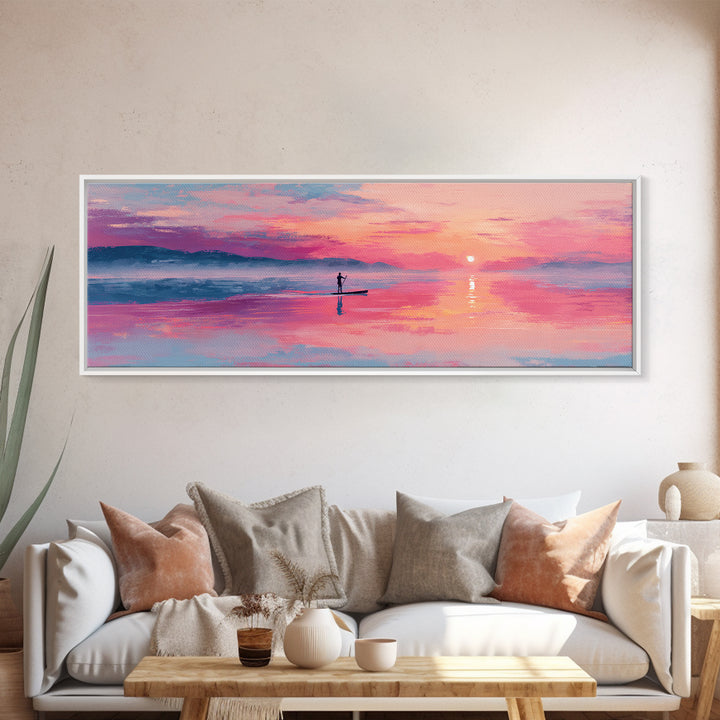 Serene Paddleboarder At Sunset With Pink Purple Sky Wall Art Canvas Print For Coastal Home Decor