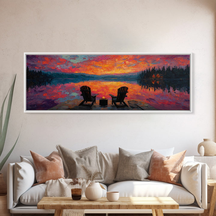 Rustic Sunset Lake Scene With Empty Chairs And Fire Pit Oil Painting Wall Art Framed Canvas Print