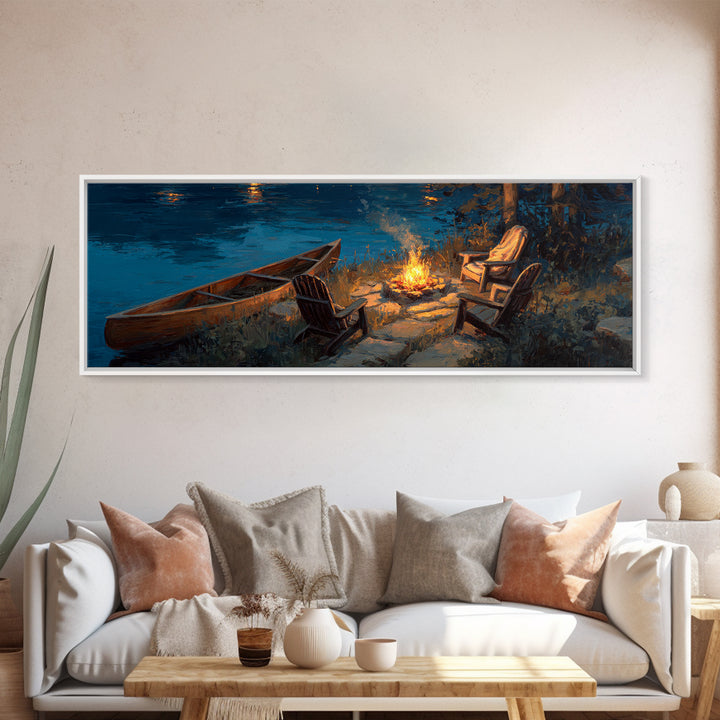 Tranquil Lakeside Campfire Scene With Chairs And Canoe Wall Art Canvas Print For Cozy Home Decor Rustic Bedroom Gift Ideas