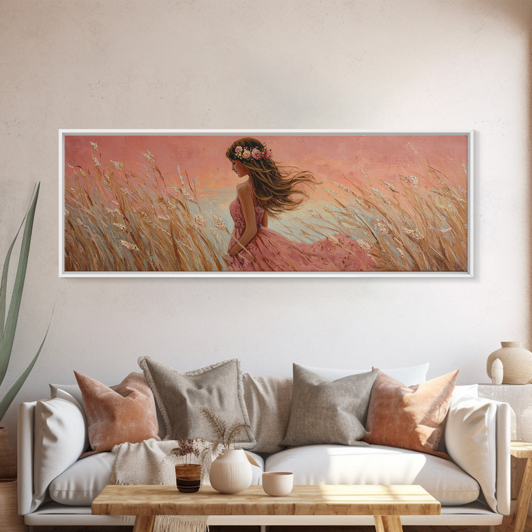 Boho Girl In Pink Dress Through Golden Wheat Field Canvas Print, Feminine Wall Art, Romantic Bedroom Decor, Housewarming Gift For Her