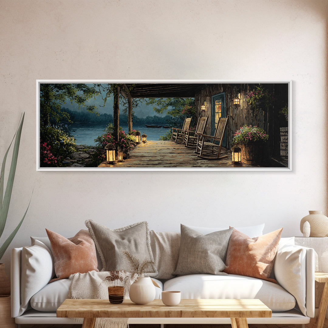Cozy Lakeside Porch At Twilight Featuring Rocking Chairs And Lanterns Wall Art Perfect For Rustic Home Decor And Living Room