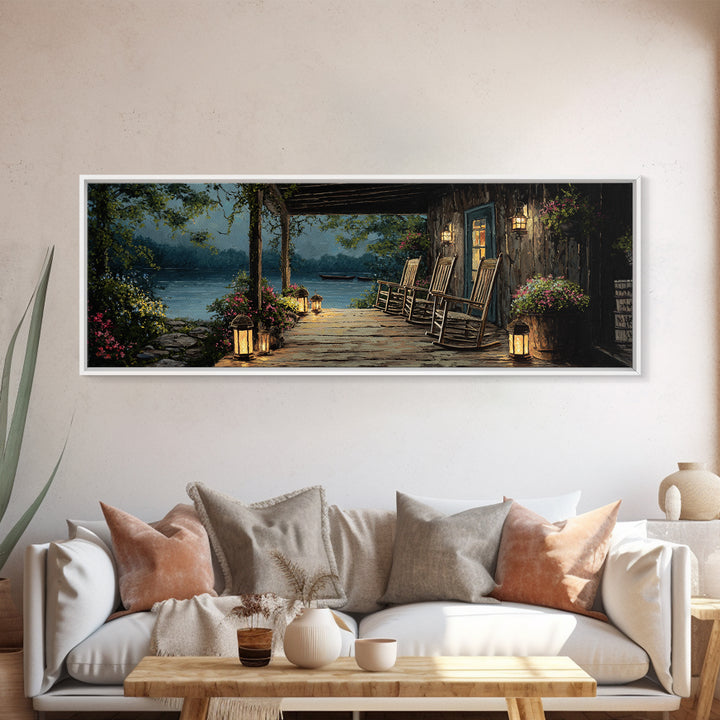 Cozy Lakeside Porch At Twilight Featuring Rocking Chairs And Lanterns Wall Art Perfect For Rustic Home Decor And Living Room
