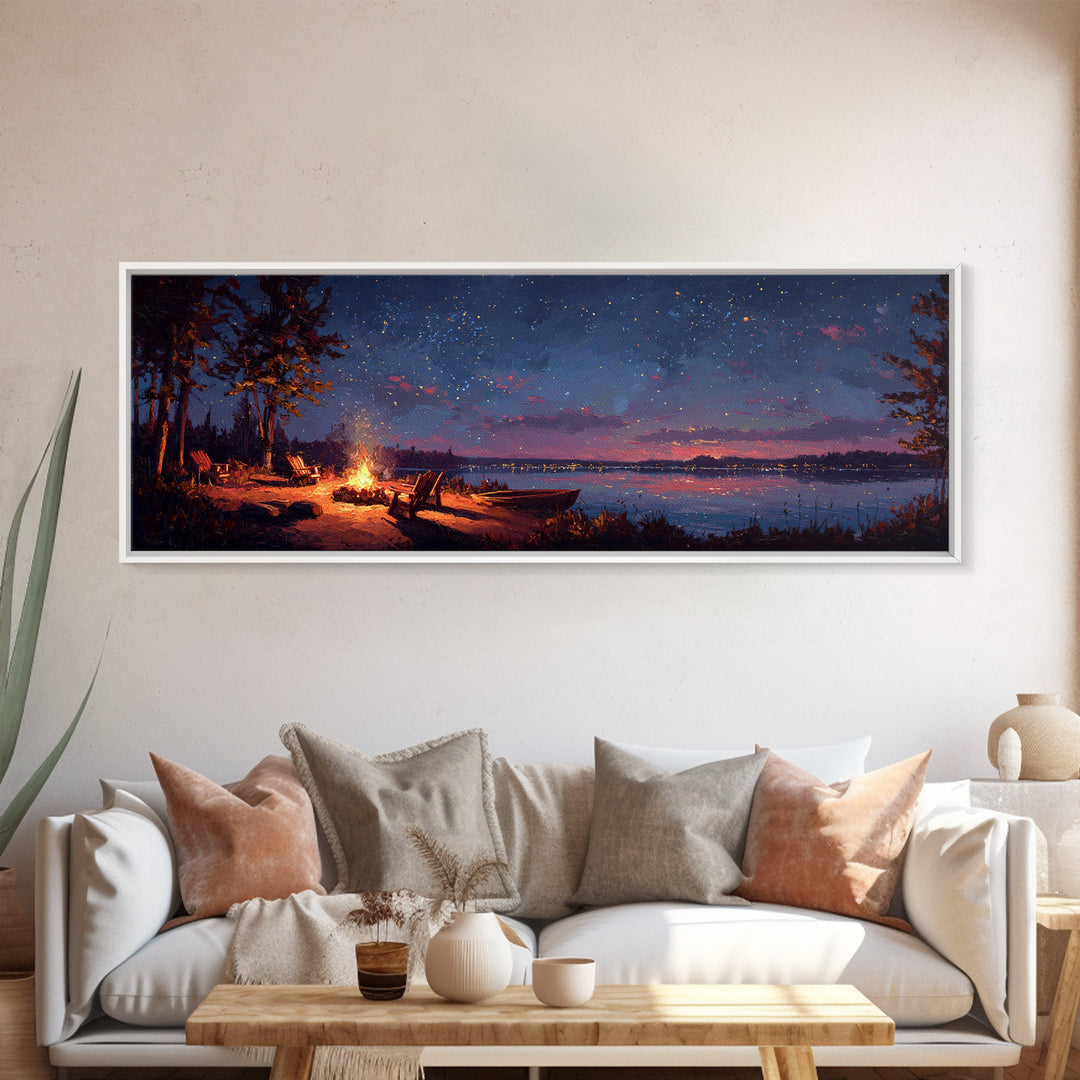 Serene Lakeside Campfire Under Starry Night Sky Wall Art Framed Canvas Print Cozy Outdoor Home Decor