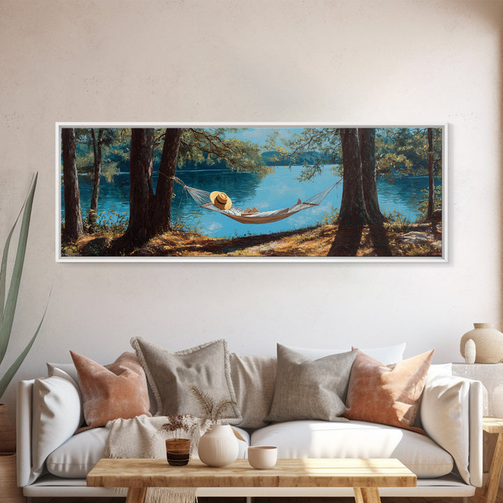 Peaceful Lake Scene With Person Reading In Hammock Among Trees Wall Art Framed Canvas Print For Relaxing Home Decor