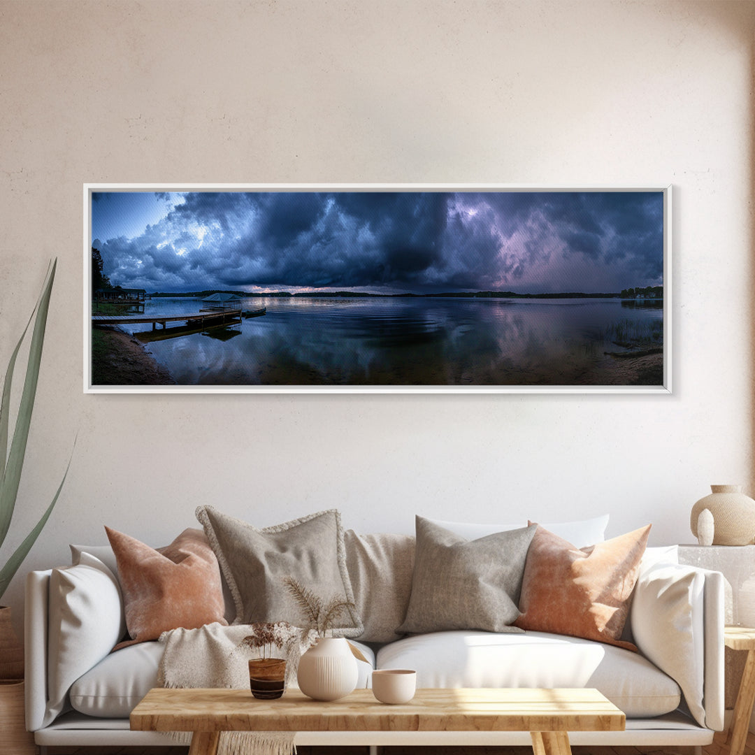 Dramatic Stormy Lake Panorama With Powerful Clouds And Calm Water Reflections Canvas Print