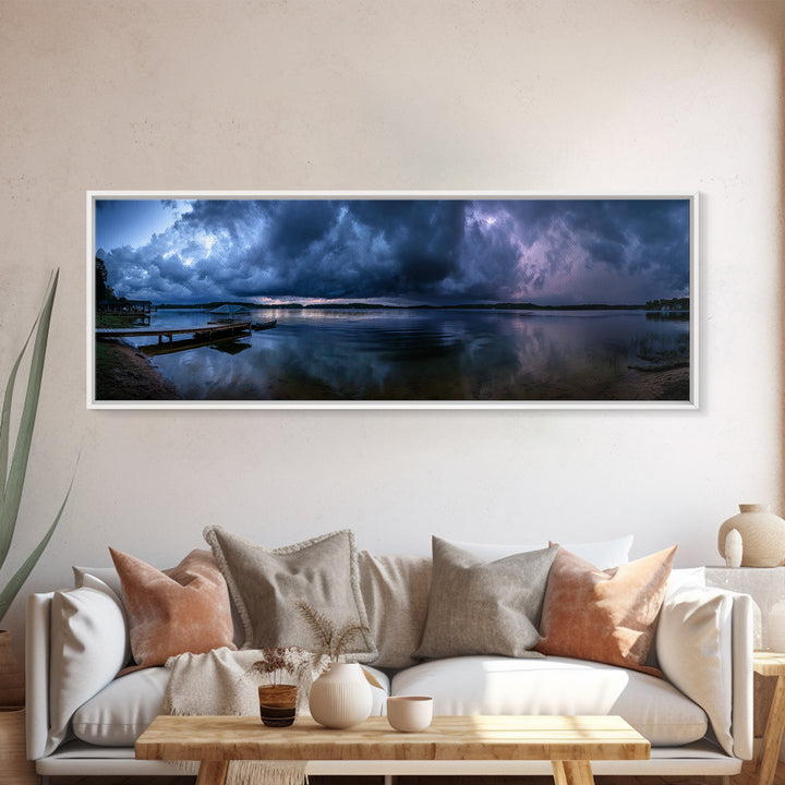 Dramatic Stormy Lake Panorama With Powerful Clouds And Calm Water Reflections Canvas Print
