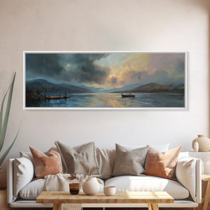 Atmospheric Lake At Dusk With Glowing Sky And Mountain Silhouette Canvas Print Modern Landscape Wall Art For Elegant Home Decor