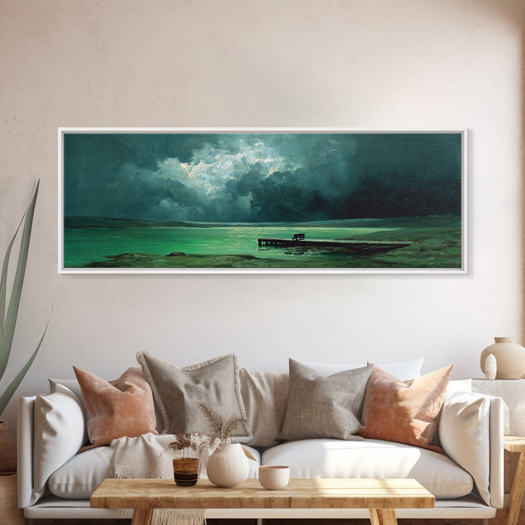 Moody Green Lakeside Dock Morning Mist Oil Landscape Painting Wall Art Canvas Print For Forest And Nature Home Decor
