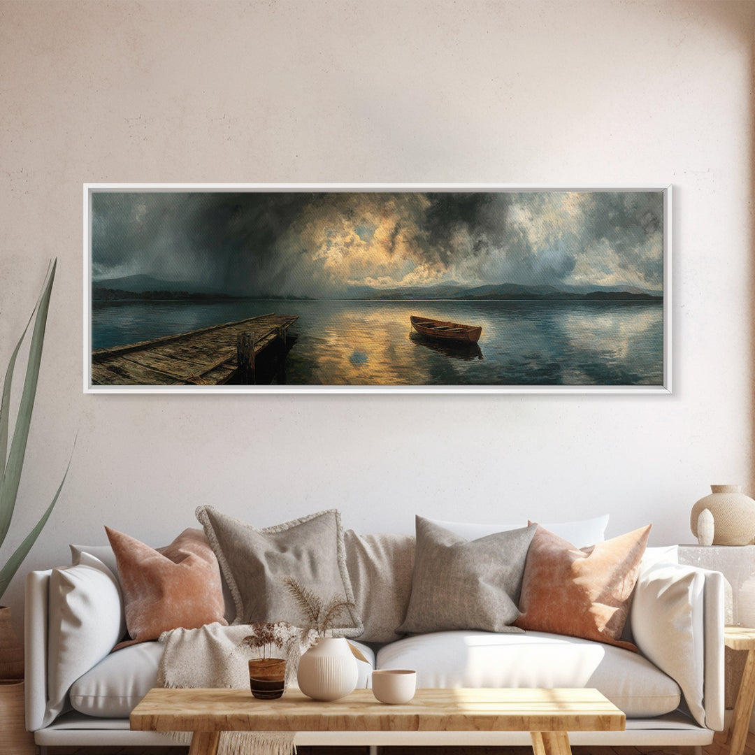 Misty Lake With Old Rowboat Wooden Dock Peaceful Landscape Print - Canvas Print, Nature Wall Art, Rustic Home Decor, Living Room Art, Gift