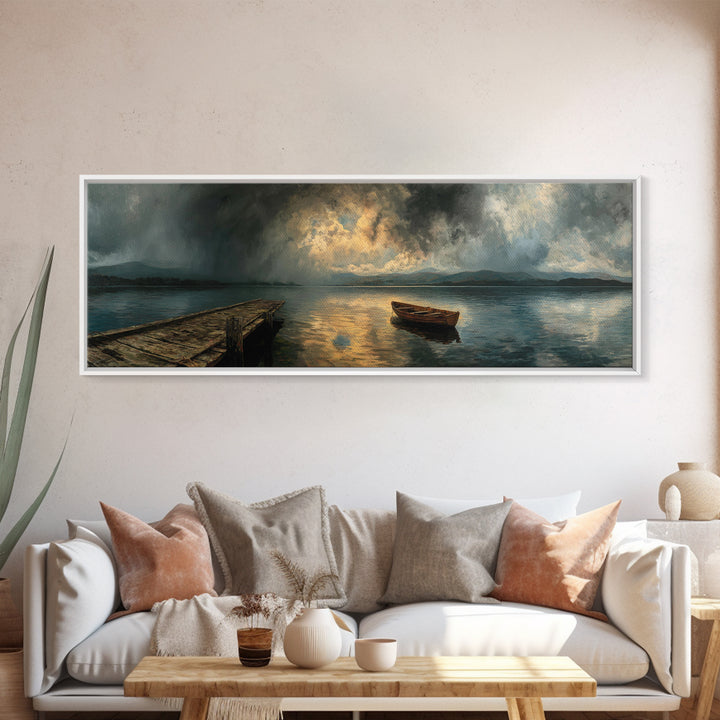 Misty Lake With Old Rowboat Wooden Dock Peaceful Landscape Print - Canvas Print, Nature Wall Art, Rustic Home Decor, Living Room Art, Gift