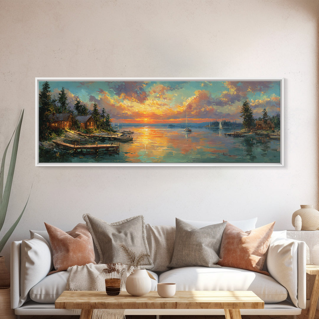 Vibrant Sunset Harbor Scene With Sailing Boats And Illuminated Dock Landscape Wall Art For Living Room And Coastal Home Decor Canvas Print