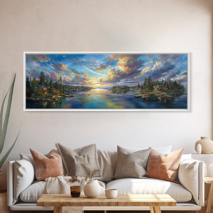 Serene Sunset Landscape Painting Wall Art Framed Canvas Print Vibrant Nature Scene With Lake And Mountains Home Decor
