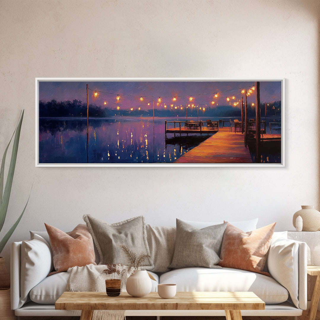 Cozy Lakeside Evening With Warm Lights Over Water - Serene Landscape Wall Art Framed Canvas Print For Relaxing Home Decor