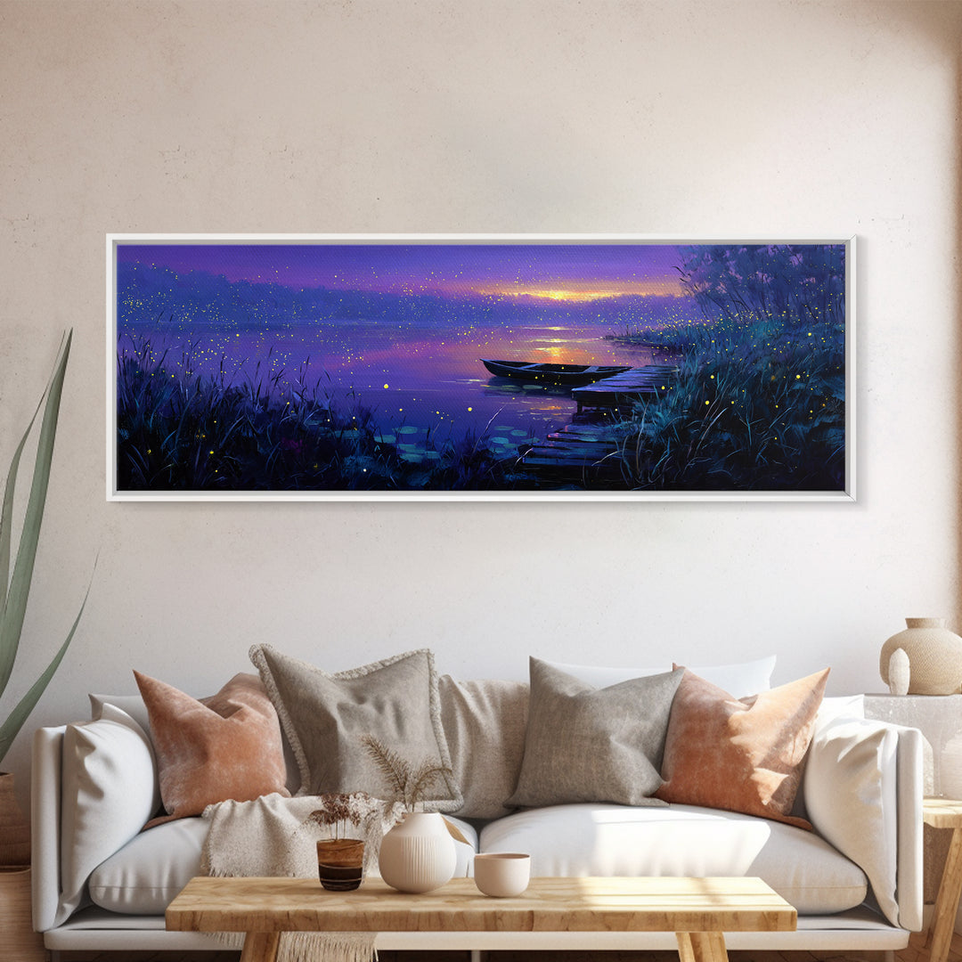 Serene Nighttime Lake Scene With Boat And Fireflies Peaceful Landscape Wall Art Canvas Print