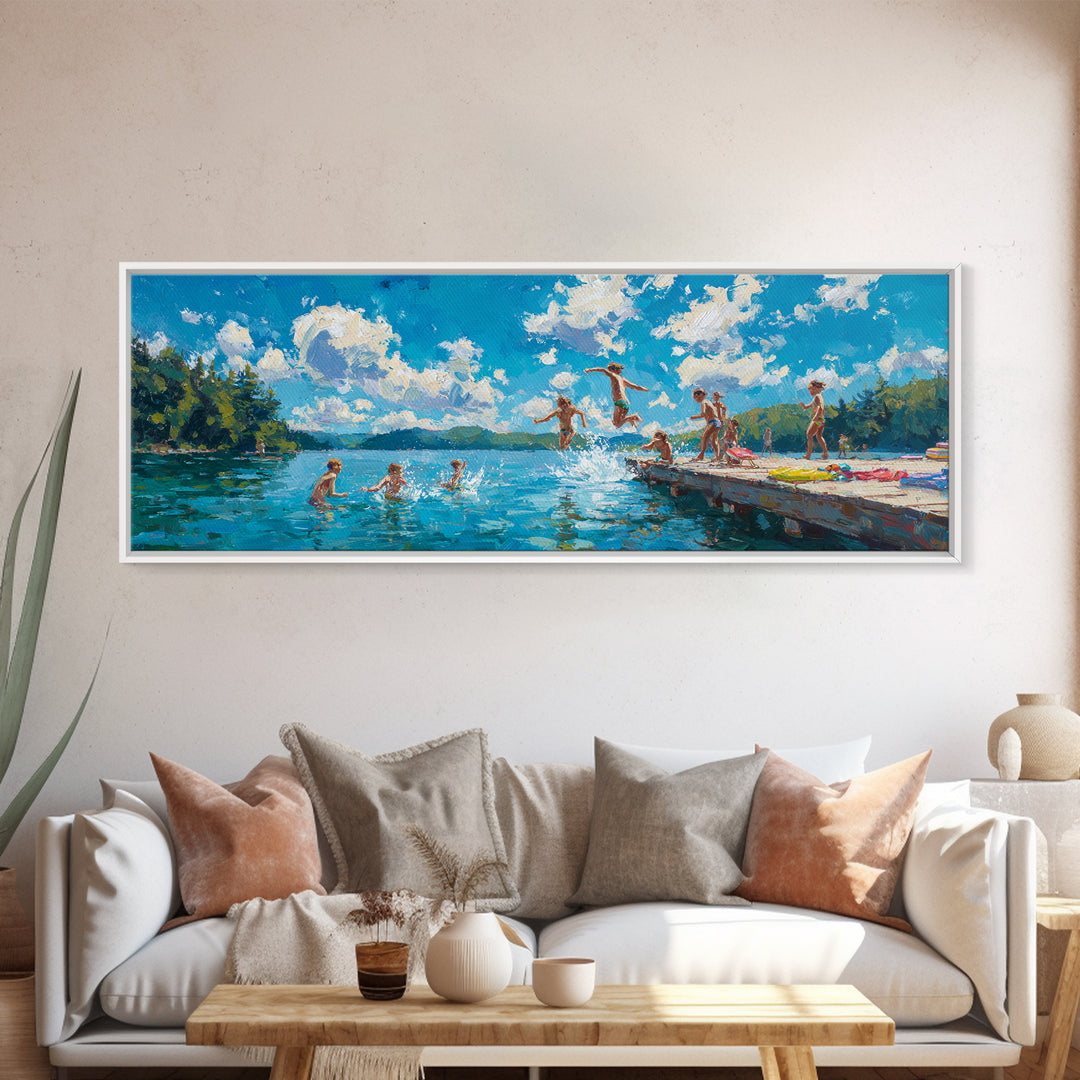 Energetic Summer Kids Jumping Into Lake Water From Dock Painting Vibrant Outdoor Scene Wall Art Framed Canvas Print For Playful Decor