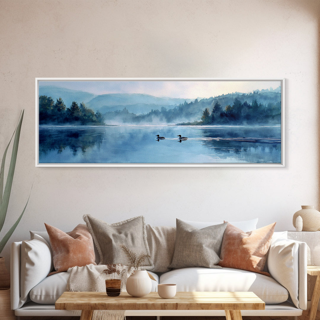 Mystical Lakeside Scene With Two Loons Swimming Among Misty Trees Watercolor Painting Canvas Print For Nature Wall Art