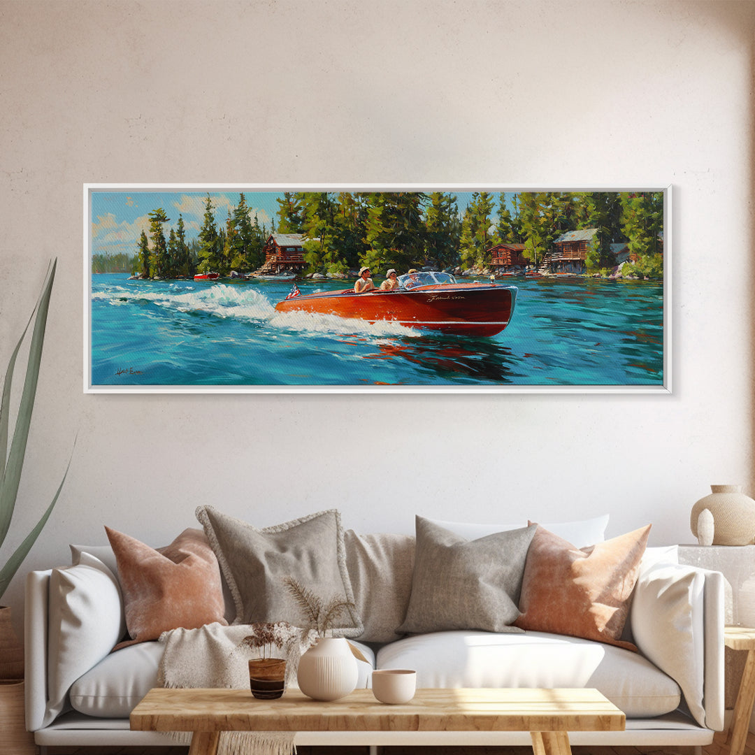 Classic Speedboat On Lake Painting With Bright Red Wood Vessel And Scenic Nature Watercraft Wall Art Print