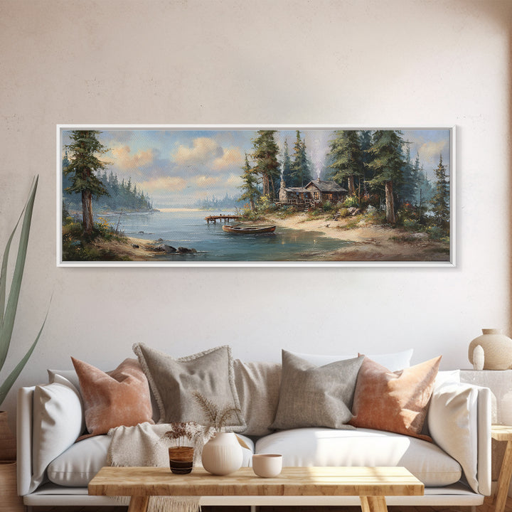 Rustic Cabin By The Lake Painting In A Serene Forest Landscape Wall Art Framed Canvas Print Nature Home Decor