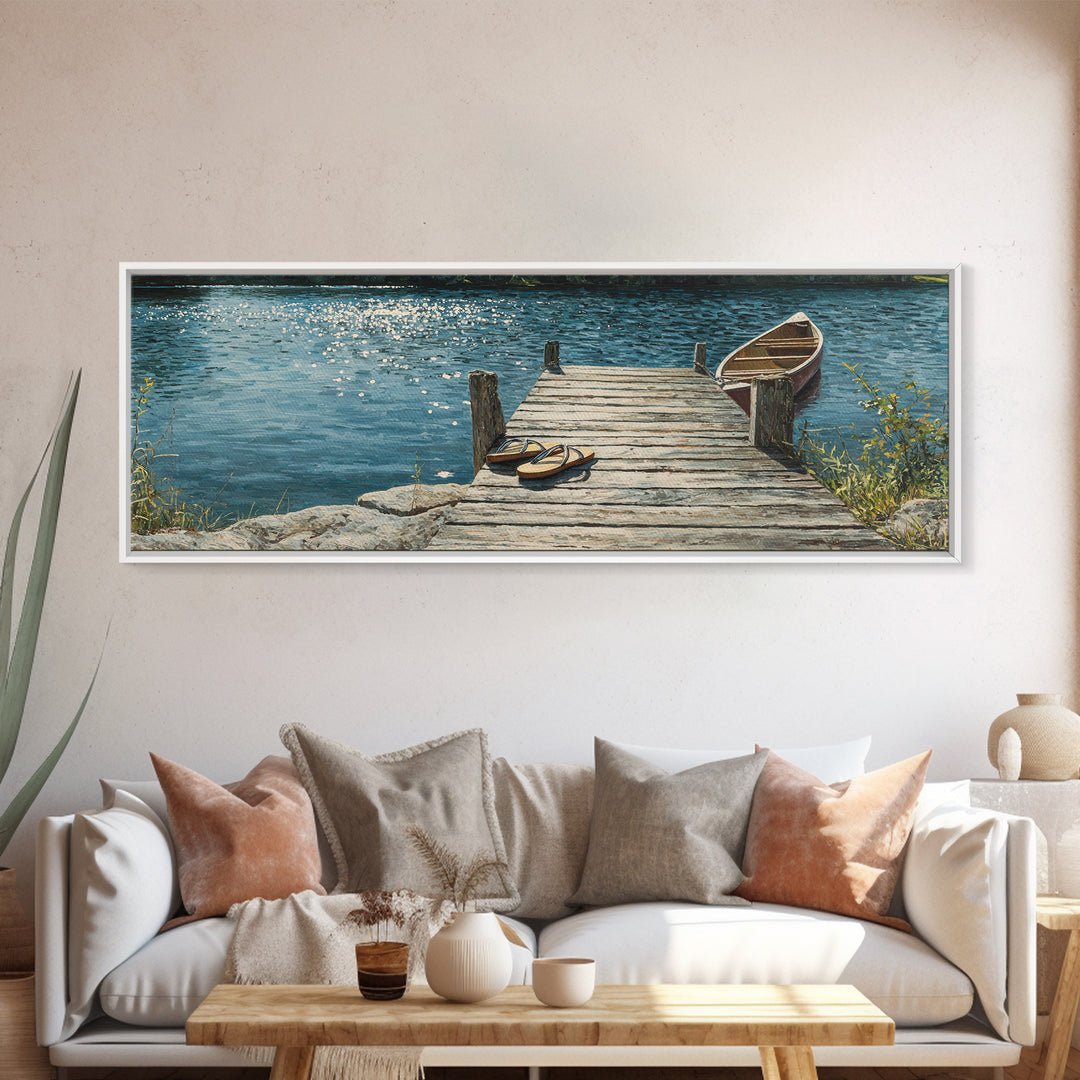 Rustic Lakeside Dock With Flip Flops Oil Painting Wall Art Framed Canvas Print Featuring Serene Water Scene And Cozy Summer Vibes