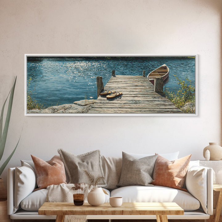 Rustic Lakeside Dock With Flip Flops Oil Painting Wall Art Framed Canvas Print Featuring Serene Water Scene And Cozy Summer Vibes