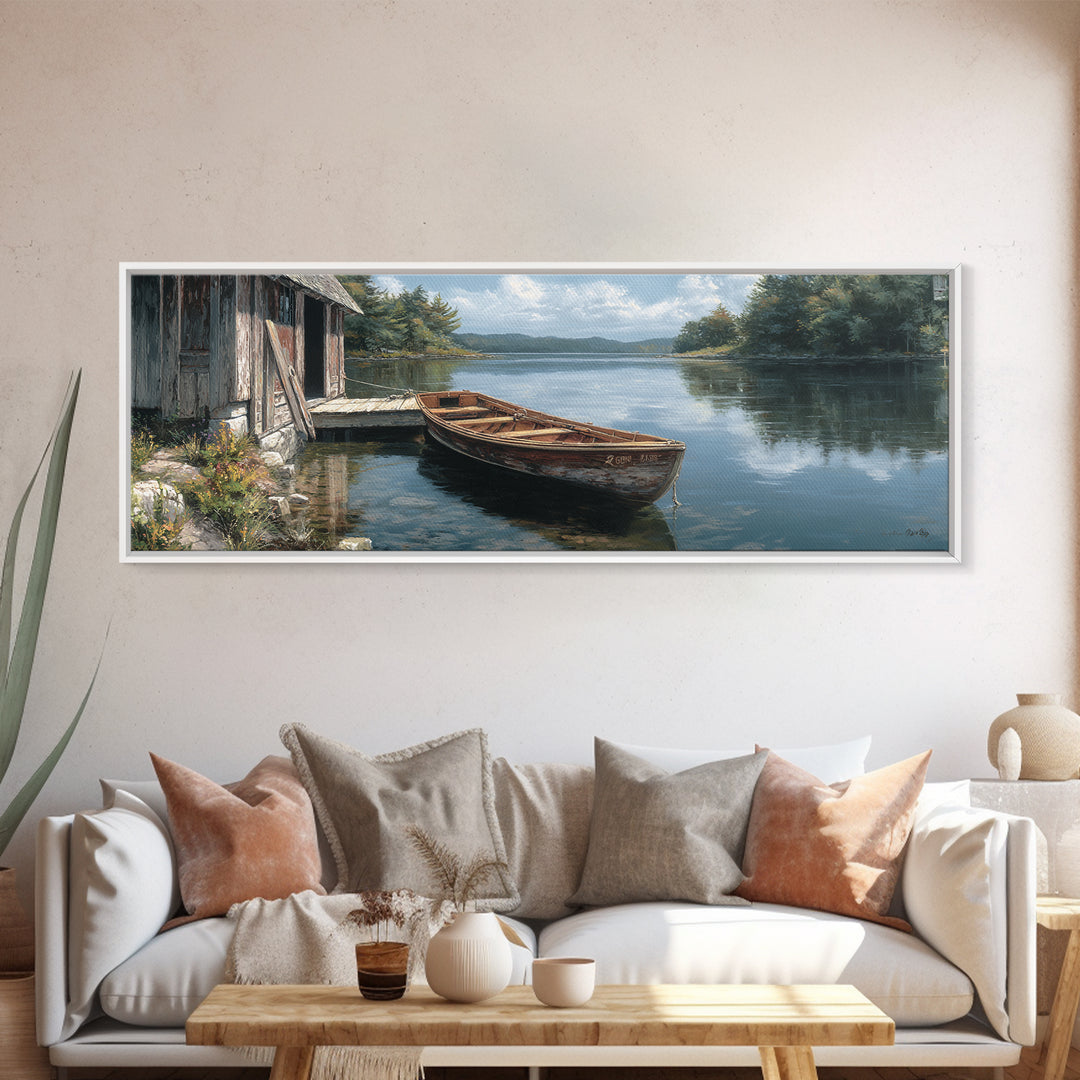 Tranquil Lakeside Rowboat Calm Water Reflection Painting - Serene Nature Wall Art Framed Canvas Print For Rustic Home Decor
