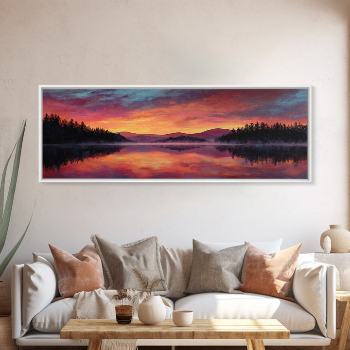 Calm Lake And Canoe At Sunrise With Soft Light Framed Canvas Print Nature Wall Art For Bedroom Decor