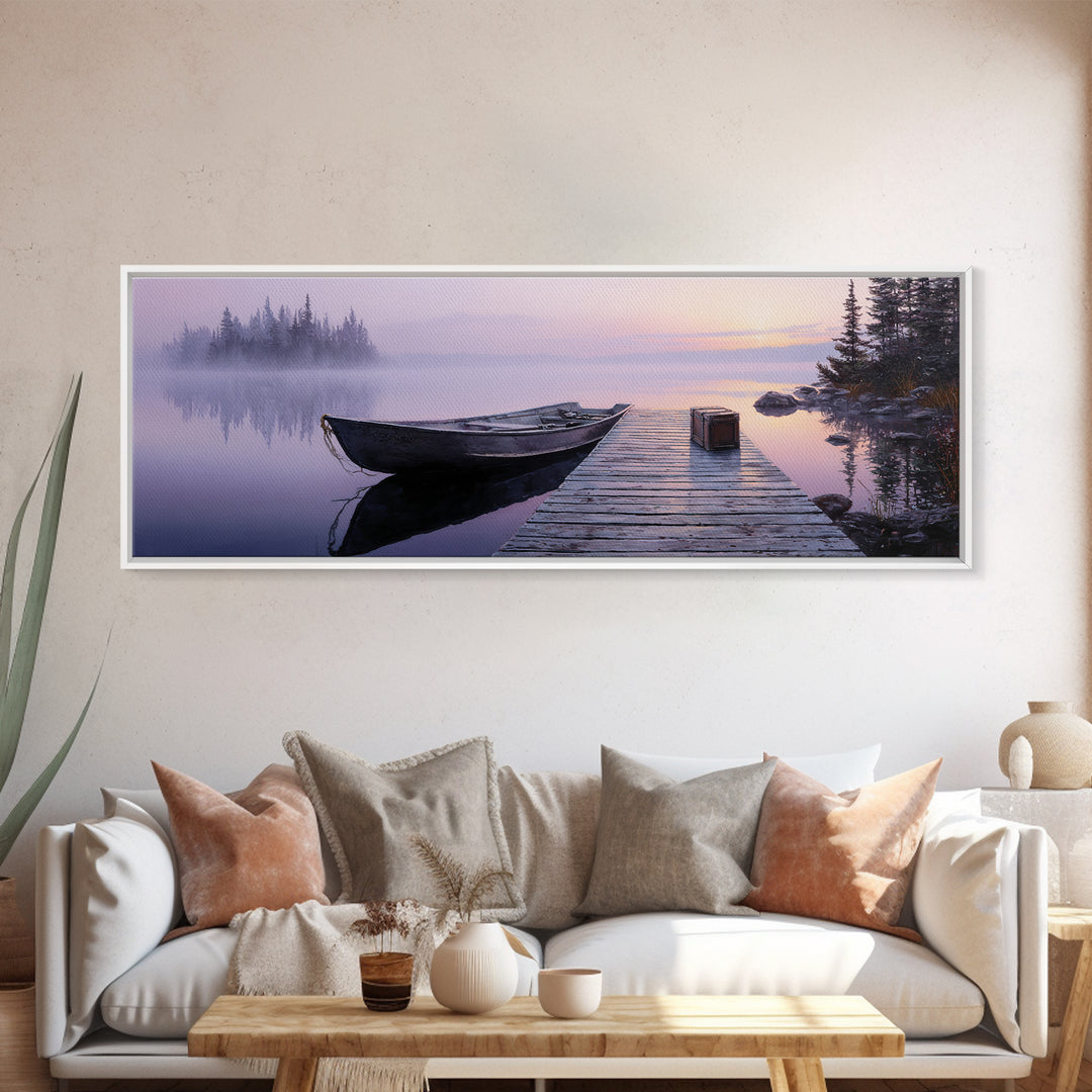 Peaceful Lake At Sunrise With Boat Scenic Landscape Painting Canvas Print For Rustic Home Decor And Large Wall Art