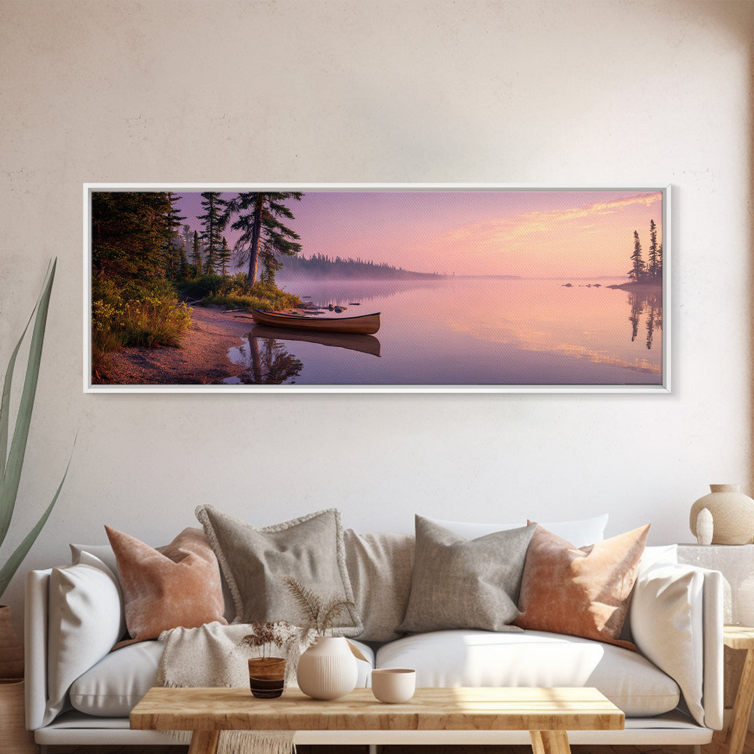 Majestic Sunset Over Misty Lake Landscape Painting Wall Art Canvas Print Rustic Nature Wall Decor