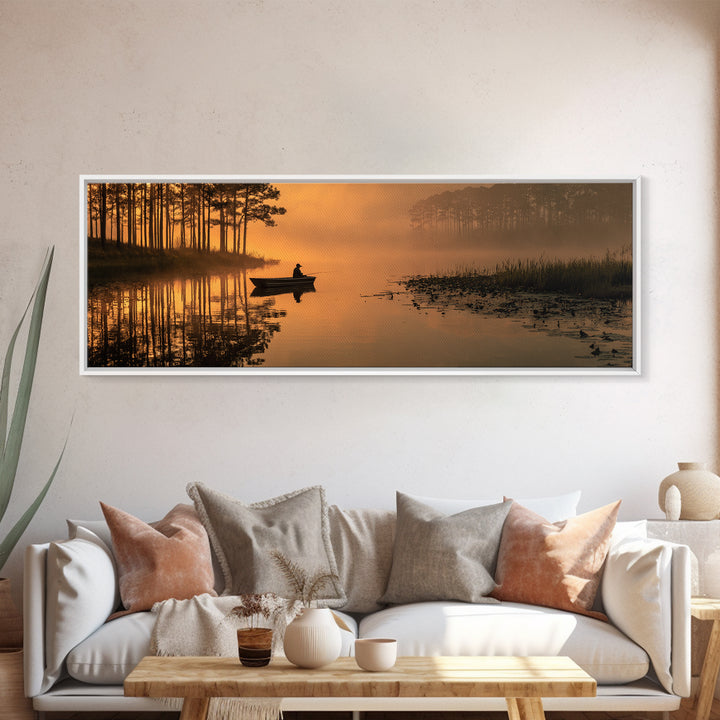 Peaceful Fisherman On Misty Lake At Sunrise Nature Wall Art Canvas Print For Tranquil Living Room Decor