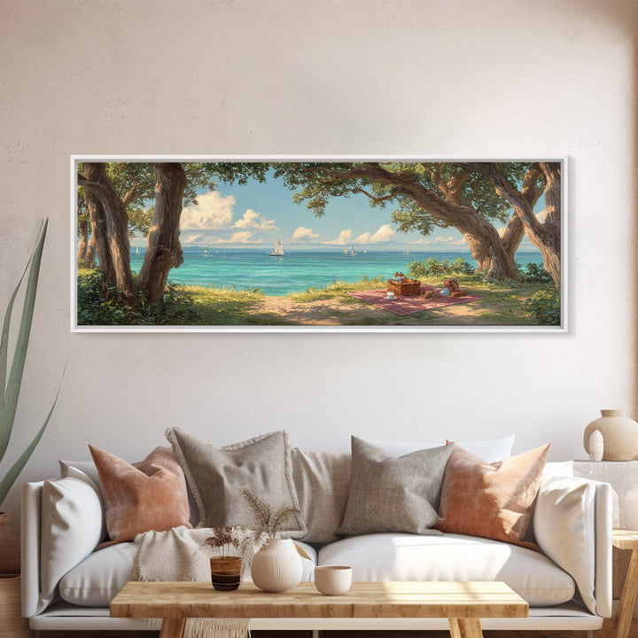 Coastal Picnic Scene With Tranquil Blue Ocean And Sailboats Under Trees - Serene Wall Art Framed Canvas Print For Home Decor